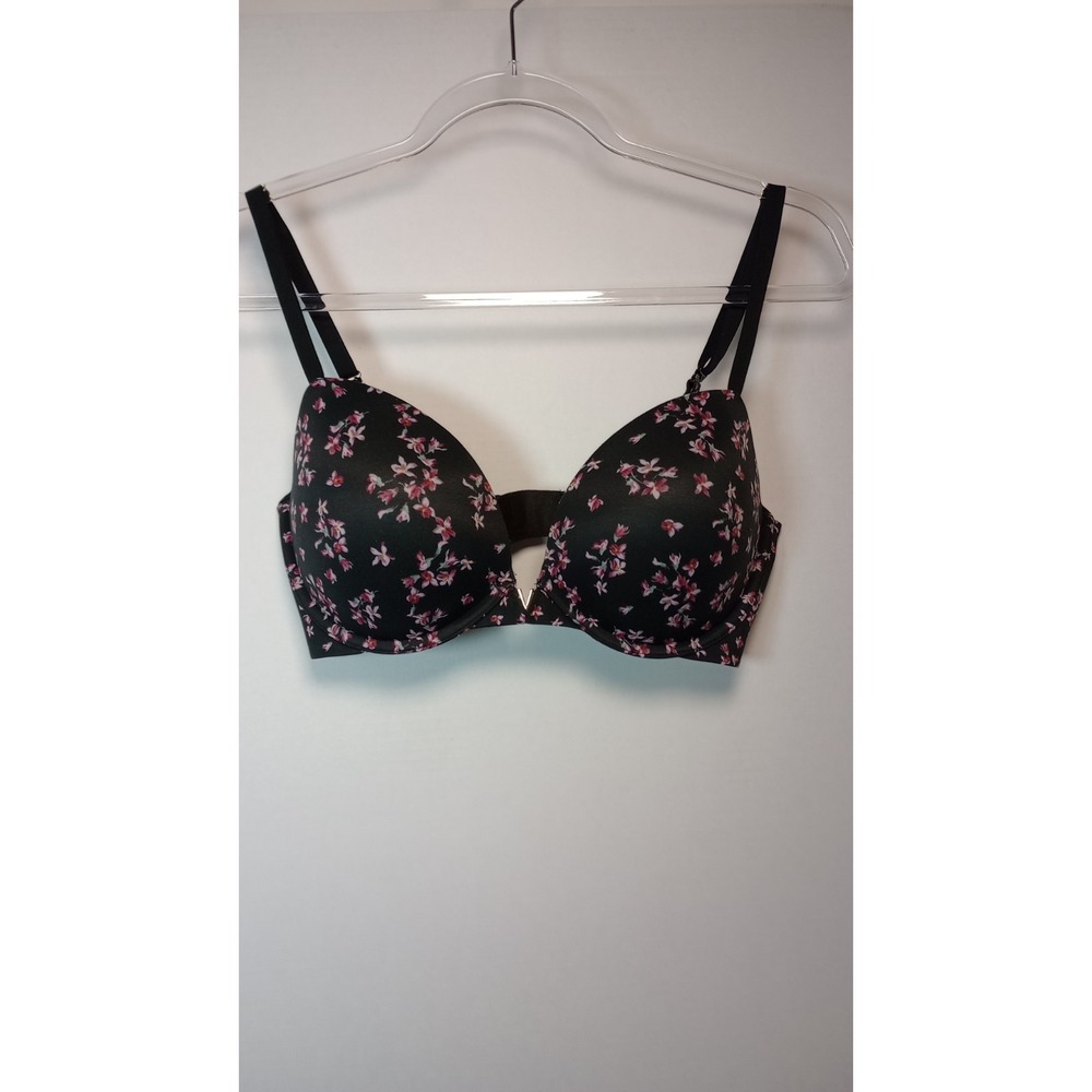 Victoria's Secret 34 DD Push Up/Push Up Bra Black w/Pink Floral Gold Hooks